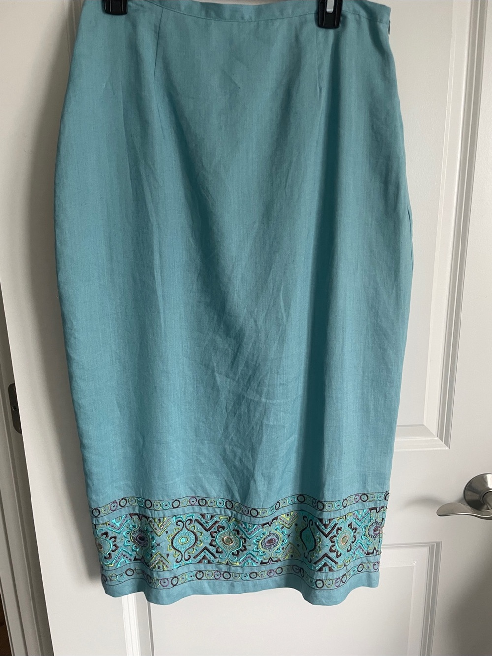 Silk Land women’s light teal embroidered  100% linen maxi skirt EUC